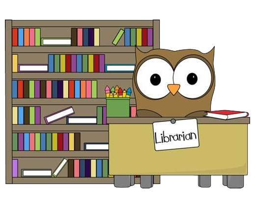 Librarian owl sitting at a desk in fornt of a bookcase - clip art